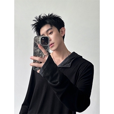 春季复古无性别撞色拼接弹力T恤男女内搭连帽长袖打底衫T25058P68，男装T恤，星座512-1（原513-3）