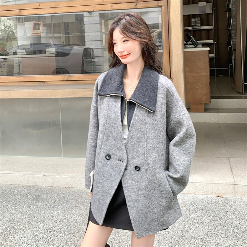 假两件灰色双面呢羊毛外套女秋冬2025新款短款呢大衣高级感气质,女装毛呢外套,2C269