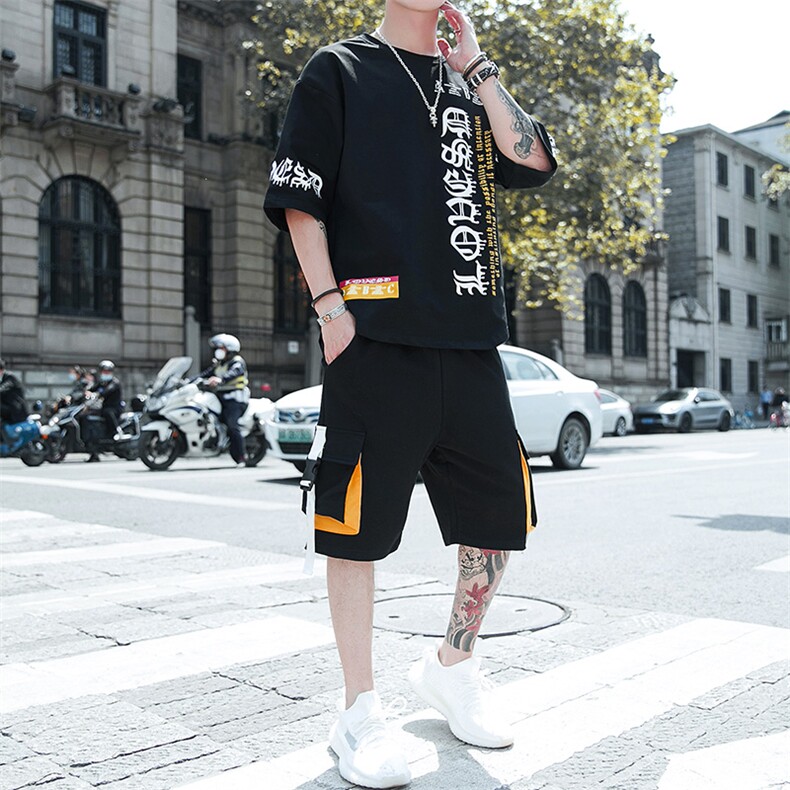 新款夏季潮流时尚T恤男装青少年宽松休闲圆领套装F178P70,男装休闲套装,电商A086