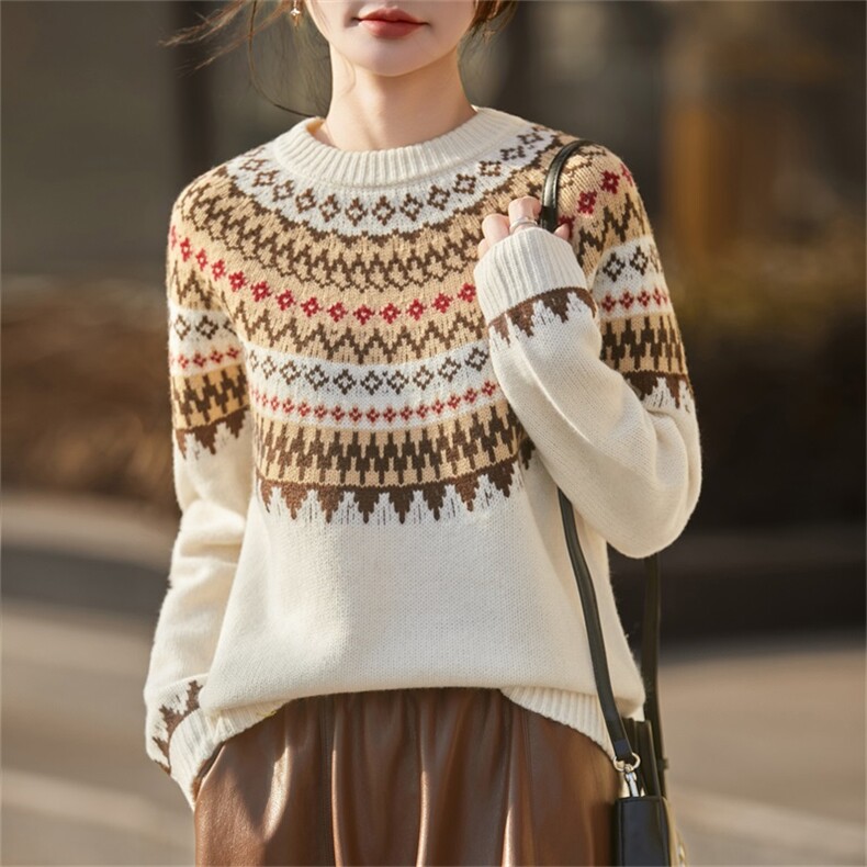 2025年秋季时尚百搭通勤简约休闲费尔岛圆领长袖，女装羊毛衫，暖烁羊绒