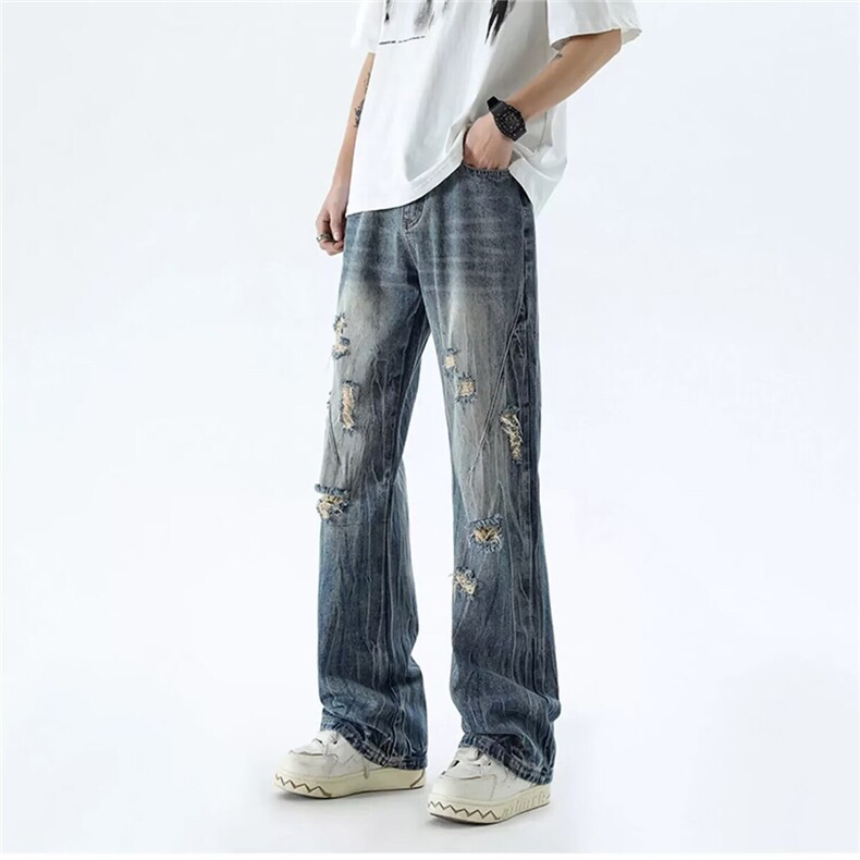 美式复古小众破洞牛仔裤高街设计感百搭情侣直筒裤KZ44556--TP40，男装牛仔裤，电商A247C