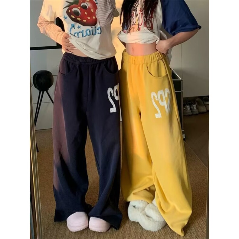 美式复古松紧腰字母印花宽松运动卫裤街头baggy阔腿休闲裤男女,男装休闲裤,四季星座505
