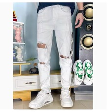 简约白色牛仔裤男修身小直筒破洞乞丐裤夏季新款时尚刮烂长裤，男装牛仔裤，星座1210-1
