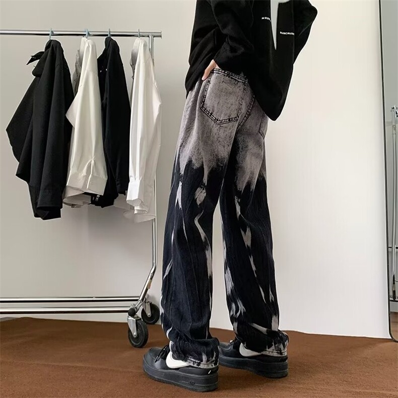 美式复古渐变色扎染牛仔裤高街男欧美风裤子oversize设计感阔腿裤,男装牛仔裤,星座601-2