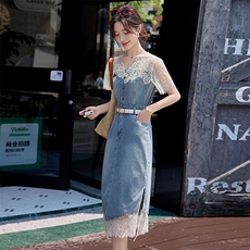 欧货时尚连衣裙女夏季新款韩系洋气减龄蕾丝拼接牛仔开叉半身裙潮，女装连衣裙，慕依路