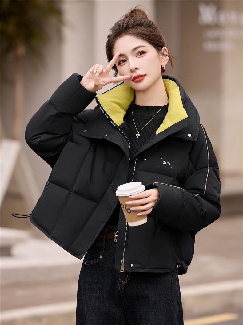 时尚撞色双层领短款羽绒服女2025冬季加厚保暖90白鸭绒面包服外套,女装羽绒服,艾尚靓装
