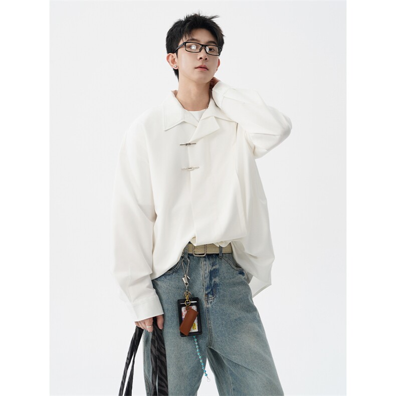 8XL-M风新中式黑色翻领长袖衬衫男秋季休闲衬衣痞帅CS537P58，男装衬衫，电商D206-1