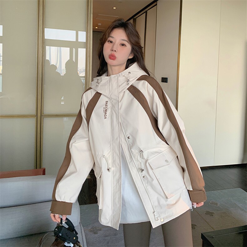 《现货新品》抽绳时尚工装拼接连帽冲锋衣短外套,女装短外套,唛多