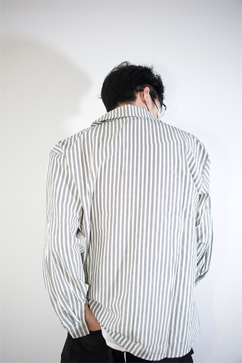 明星私服撕漫男衬衫外套学院风男大竖条纹衬衫翻领外套P45,男装衬衫,电商B319