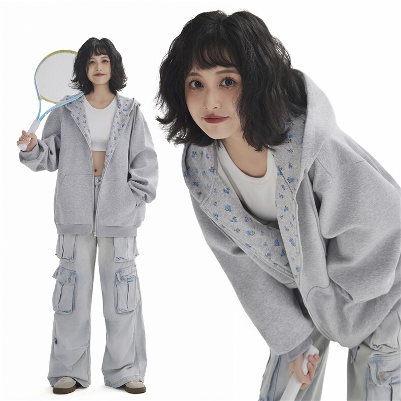 2026秋季小碎花连帽开衫卫衣C7076-TP5098小清新复古外套女,女装短外套,电商A102