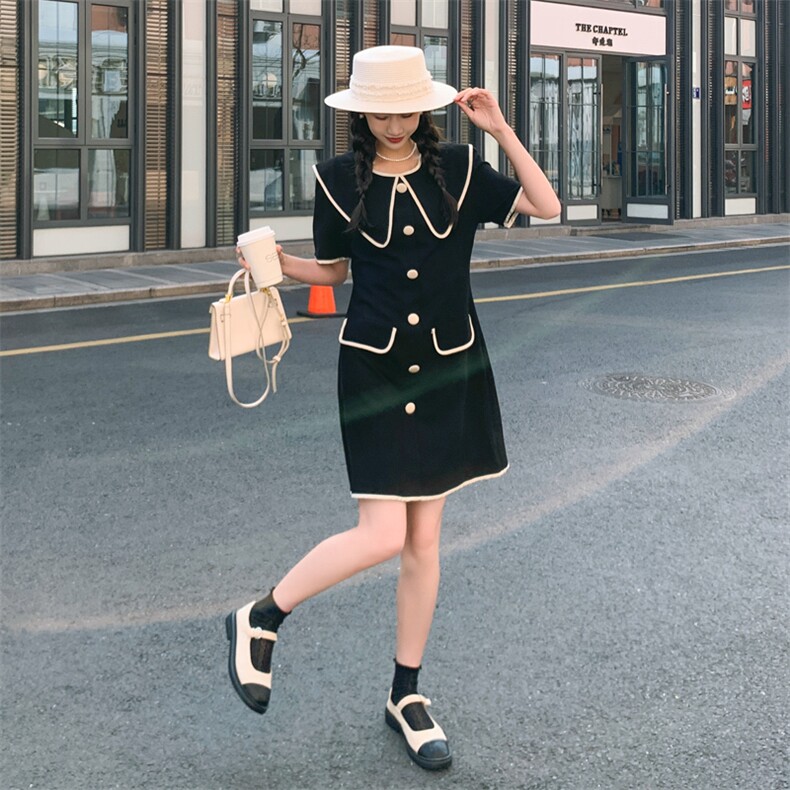 26新款小香撞色包边娃娃领连衣裙女夏气质显瘦182-8372P125K188,女装连衣裙,帛香坊