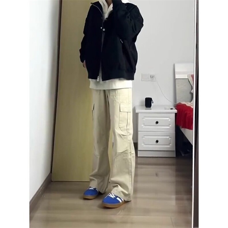 米白色直筒工装裤美式高街大口袋裤子阔腿裤KZ195特P42,男装工装外套,星座908-1