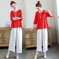 2021夏季新款文艺素雅复古刺绣休闲舒适棉麻两件套，女装套装/套裙，韩宇舍