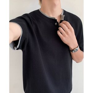 亨利领针织短袖男款夏季假两件拼接正肩t恤老钱风五分袖 T509图片