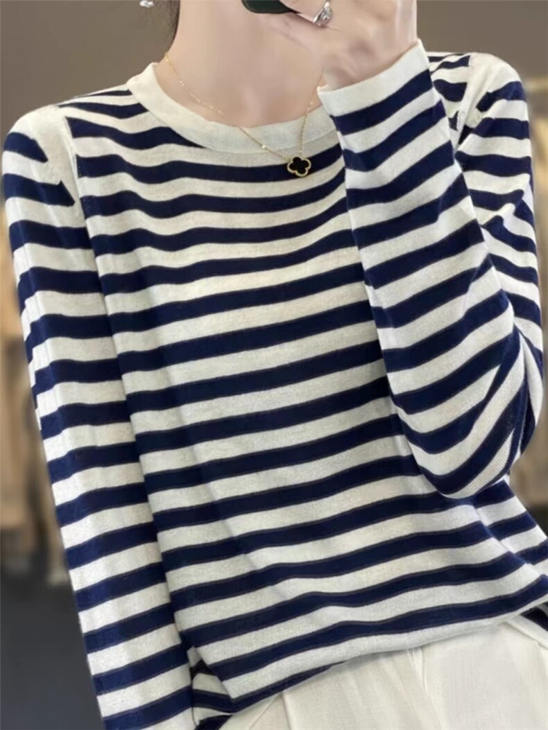 2025春秋新款精纺薄款针织衫圆领条纹藏蓝设计长袖韩版显瘦上衣女，女装针织衫/毛衣，昂家羊绒