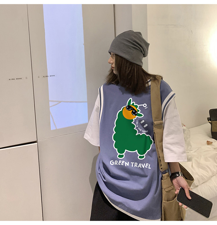 中性2022夏季新款设计感动物图案小领口条纹T恤T615P40控58,女装T恤,A247A