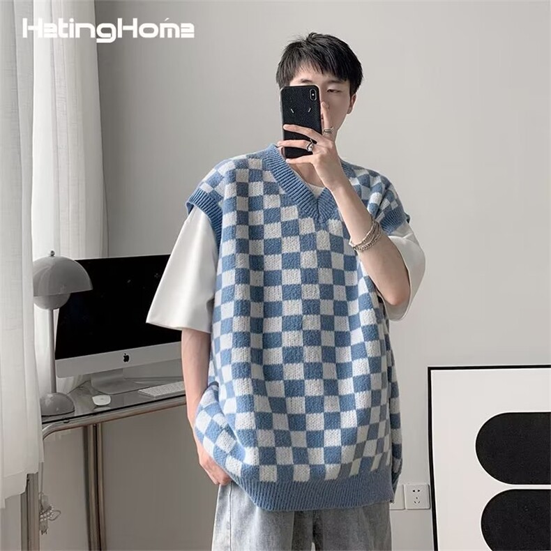港风秋款男V领背心条纹棋盘格针织衫拼色线衣M537P33,男装背心/马甲,星座1013-1
