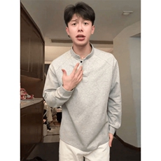 抖音得物品质美式高街重磅曼巴棉拼接cleanfit亨利领卫衣长袖T恤，男装T恤，电商A486