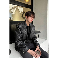 垫肩皮夹克复古棕色短款PU皮机车外套DY198-P80，男装夹克，星座1213