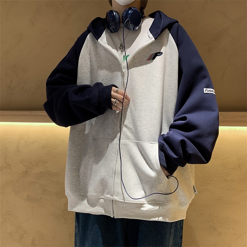 美式复古插肩基础款开衫连帽卫衣男女潮牌情侣外套WY0838-P55图片