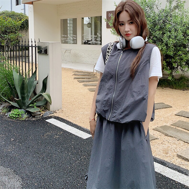 韩版工装马甲花苞半身裙T恤套装女2025夏季新款减龄超好看三件套,女装套装/套裙,1D066-1