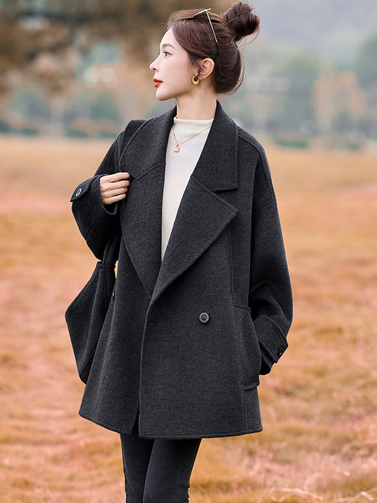 2025冬装新款简约时尚休闲手工缝制羊绒大衣,女装毛呢外套,魅丽静蓝