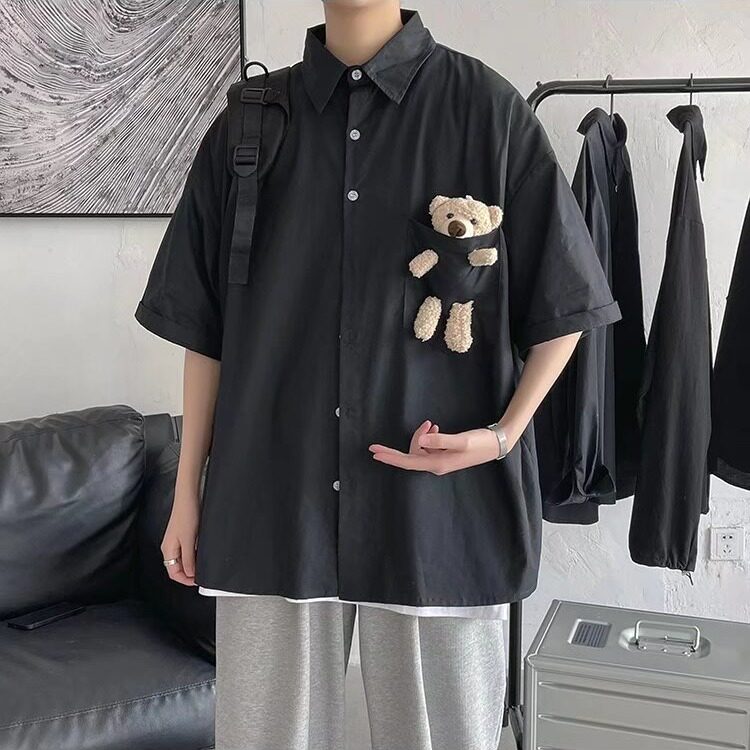 公仔小熊短袖衬衫男女夏季韩版潮流宽松潮牌cleanfit休闲情侣衬衣,男装T恤,星座1210-1