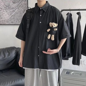 公仔小熊短袖衬衫男女夏季韩版潮流宽松潮牌cleanfit休闲情侣衬衣图片