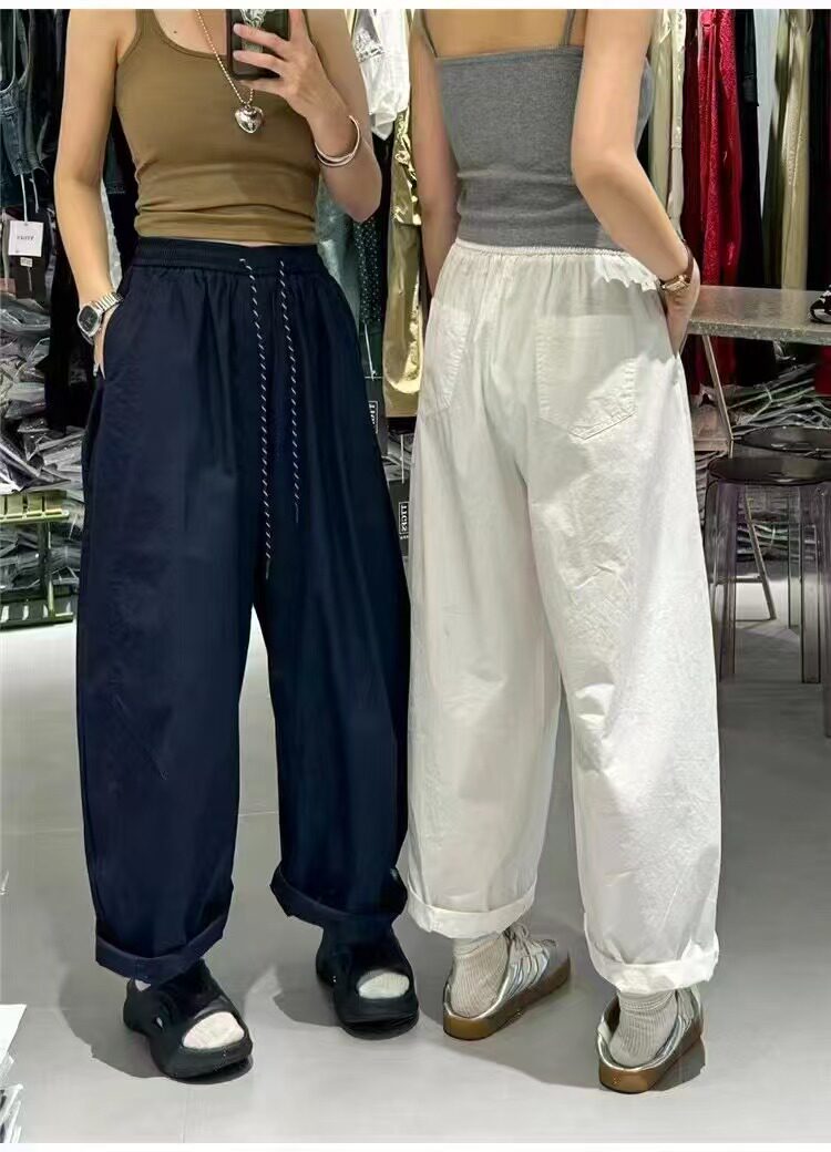 韩系直筒休闲阔腿裤女2025夏季薄款卷边速干裤高腰显瘦复古气球裤,女装休闲裤,牛米欧羽绒服工厂店