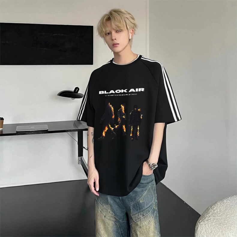 抖音得物高品质二开240克宽松纯棉美式潮牌三条杠织带短袖T恤图片