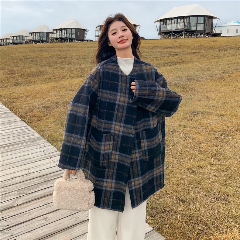 独特超好看韩系格纹双面呢大衣女秋冬2025新款加厚保暖羊毛呢外套,女装毛呢外套,2C325