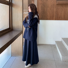 藏青色慵懒风连帽披肩卫衣套装裙女秋季2026新款休闲半身裙两件套，女装套装/套裙，2C159