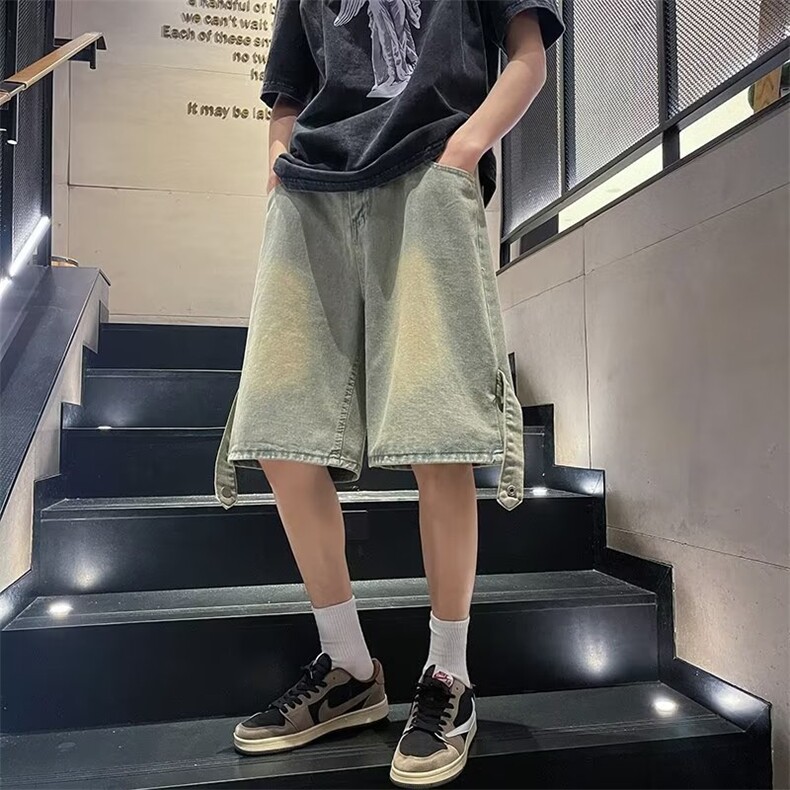 美式复古牛仔短裤男款夏季小众设计感黄泥裤子P38,男装牛仔裤,星座1116-2