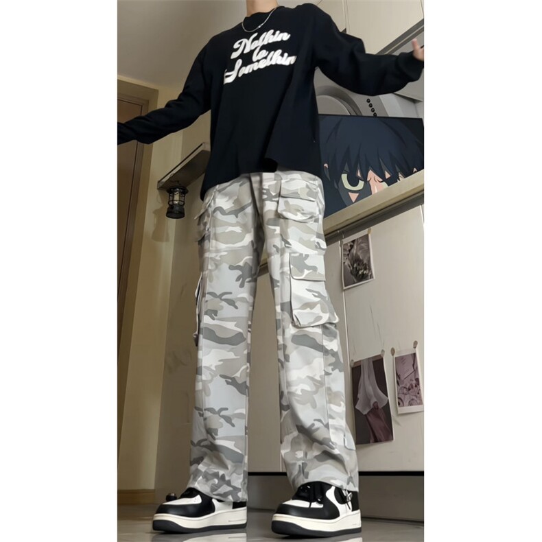 韩水洗做旧口袋阔腿宽松休闲伞兵裤迷彩口袋工装裤FK03P45，男装工装外套，电商D256