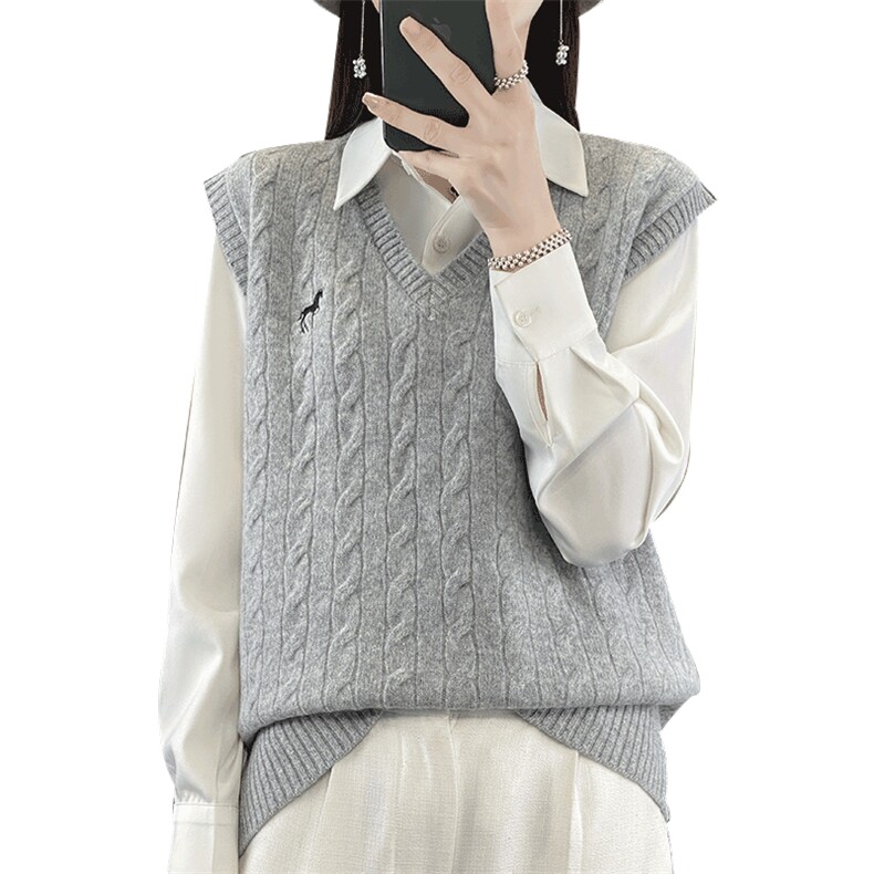 2024秋冬新款羊毛女士V领麻花羊毛背心马甲,女装马甲,润辉羊绒