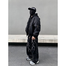美式复古闪电刺绣直筒牛仔裤男高街vibe嘻哈潮牌宽松拖地休闲长裤，男装牛仔裤，四季星座505