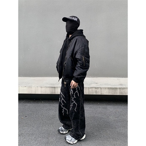 美式复古闪电刺绣直筒牛仔裤男高街vibe嘻哈潮牌宽松拖地休闲长裤图片