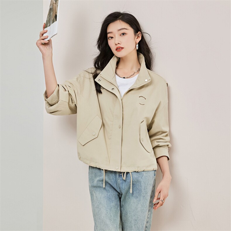 短款外套女2023年春季新款韩版宽松百搭插肩袖立领风衣夹克上衣,女装短外套,辉之琳