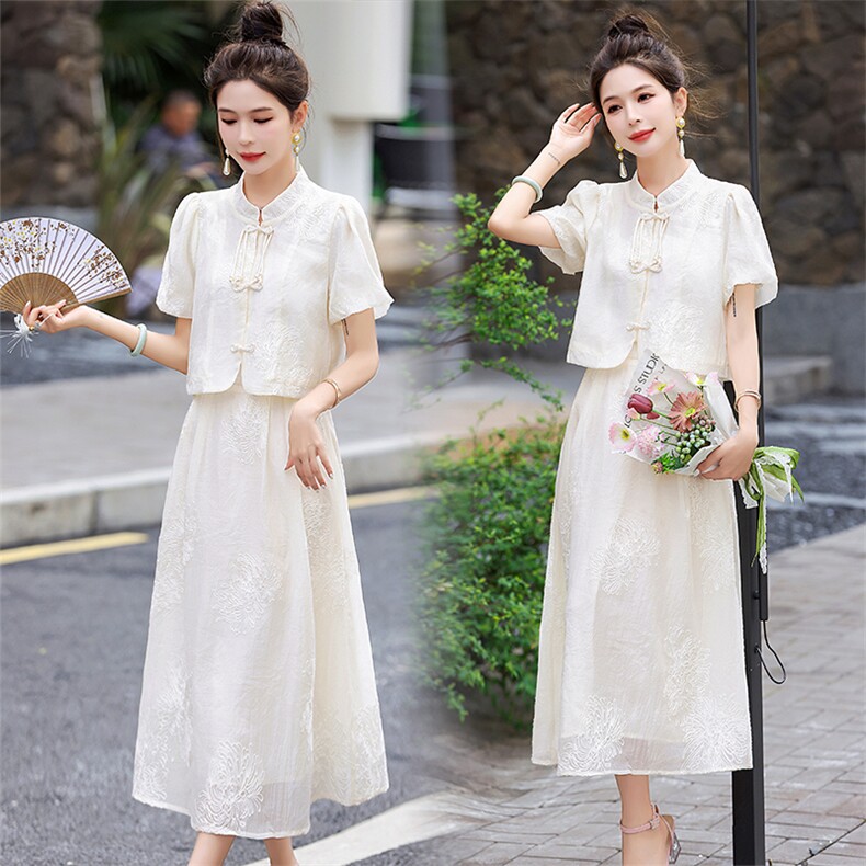 时尚新中式连衣裙女套装夏季新款遮肚显瘦减龄国风刺绣半裙两件套，女装套装/套裙，尚洛菲