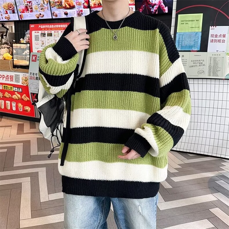 毛衣男秋冬撞色条纹圆领衫针织衫打底衫宽松慵懒风毛线衣7010P48,男装针织衫/毛衣,星座410-2