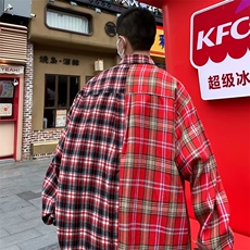 美式潮高街撞色拼接口袋格子长袖衬衫男宽松潮牌衬衣外套春秋，男装衬衫，星座601-2
