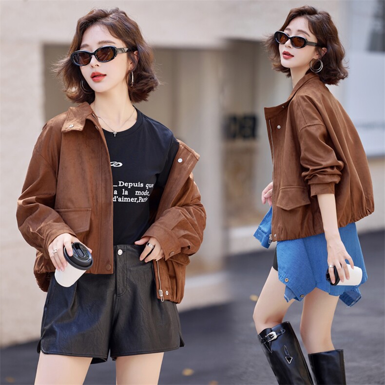 咖色鹿皮绒短外套女2025秋季新款韩版时尚机车服休闲工装夹克上衣图片