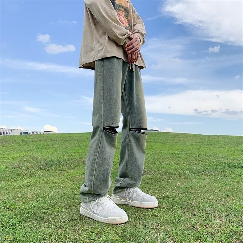 美式高街牛仔裤男韩版潮流膝盖拉链个性2023夏款ins长裤RK779-P42图片