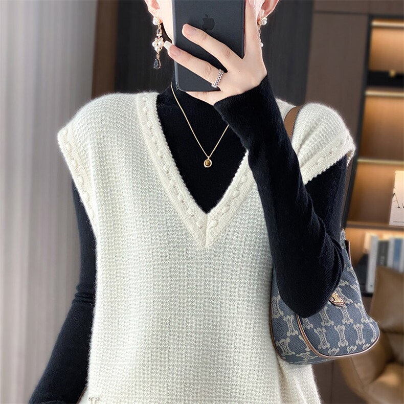 100%纯羊毛衫马甲女V领无袖拉绒毛衣背心宽松羊绒衫叠穿坎肩上衣,女装马甲,琳华羊绒