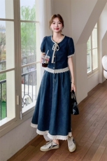 牛仔套装裙女2025夏季新款洋气减龄显瘦蕾丝拼接短袖上衣半身裙潮，女装套装/套裙，2D044