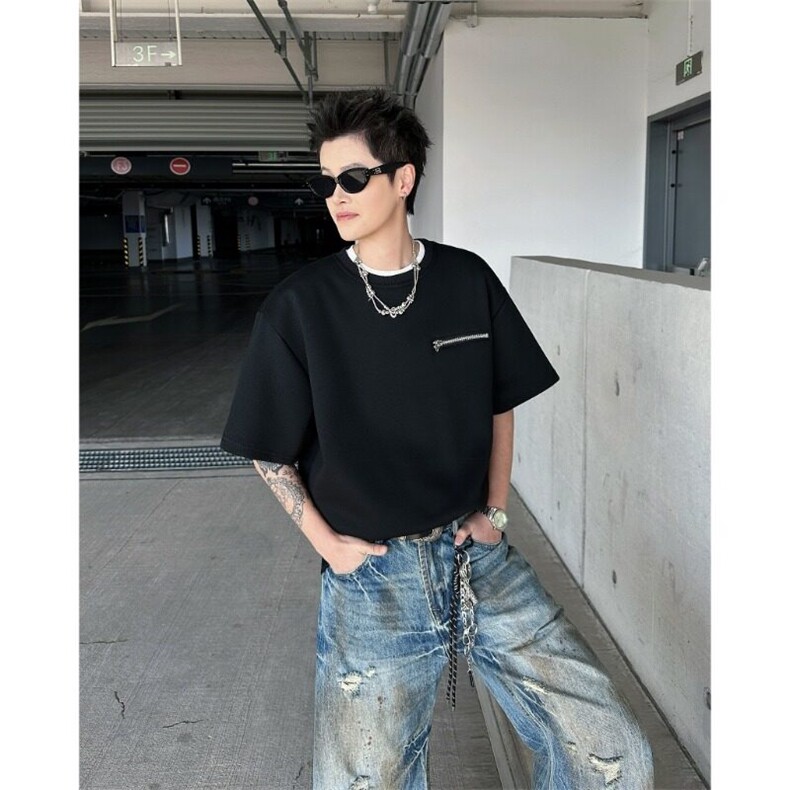 重磅拉链短袖男款夏季设计感t恤痞帅小领口正肩半袖5577P33,男装T恤,星座410-2