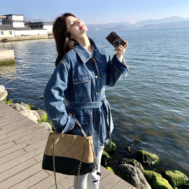 蓝色中长款系带收腰牛仔羽绒服女2025冬新款气质保暖90白鸭绒外套图片