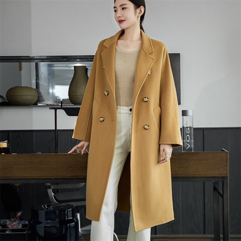 2024经典款801驼色羊毛双排扣大衣女秋冬中长款毛呢外套,女装双面呢大衣,爱绒人羊绒大衣工厂店