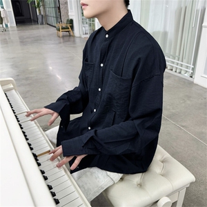 春季亚麻长袖衬衫男纯色宽松韩版潮流休闲上衣麻衬衣3419P45,戚薇格子衬衣搭配图片图片