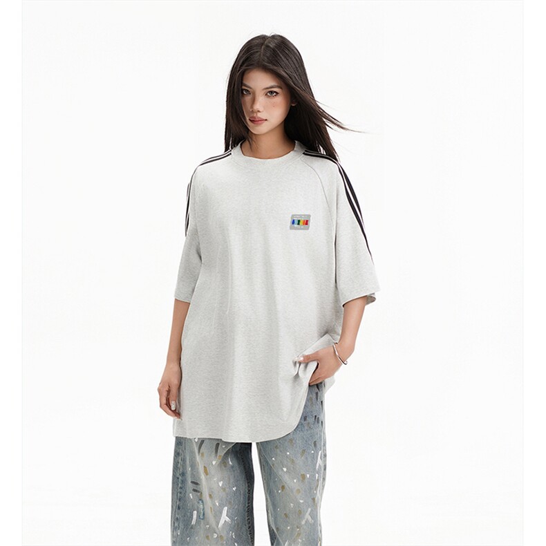 抖音得物高品质二开240克宽松纯棉美式潮牌三条杠织带短袖T恤，男装T恤，电商A486-1